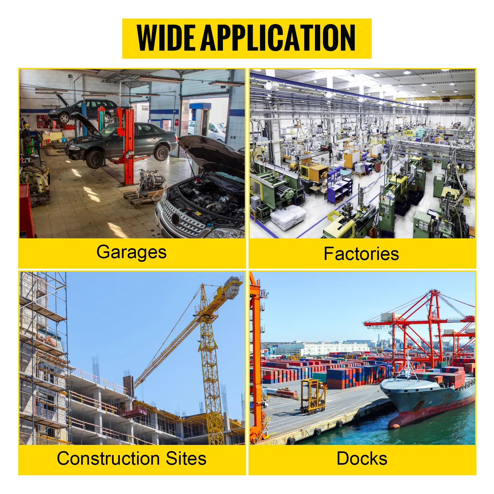wide application of VEVOR chain hoist in garages, factories, construction sites, docks.