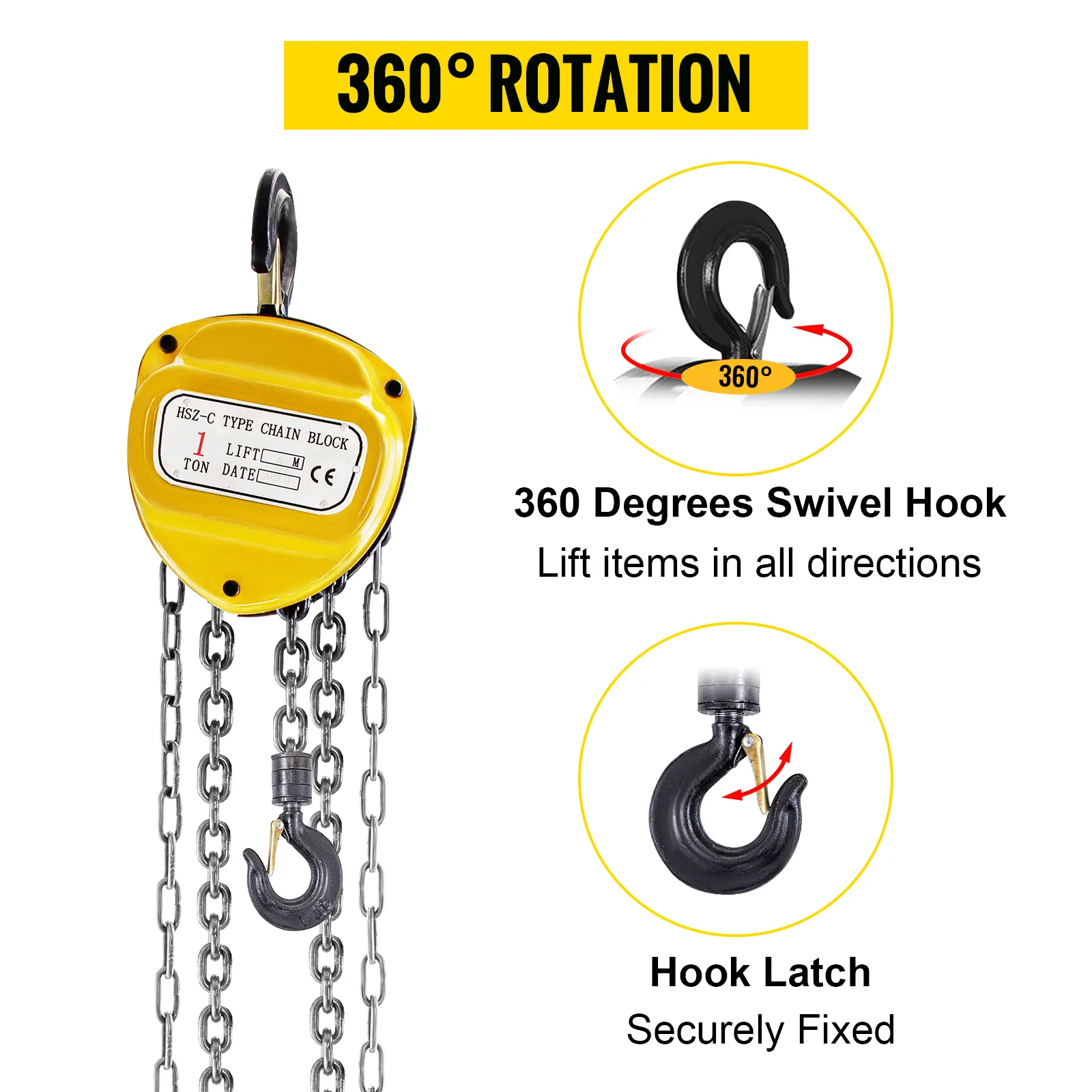 VEVOR chain hoist with 360° swivel hook and secure hook latch for lifting.