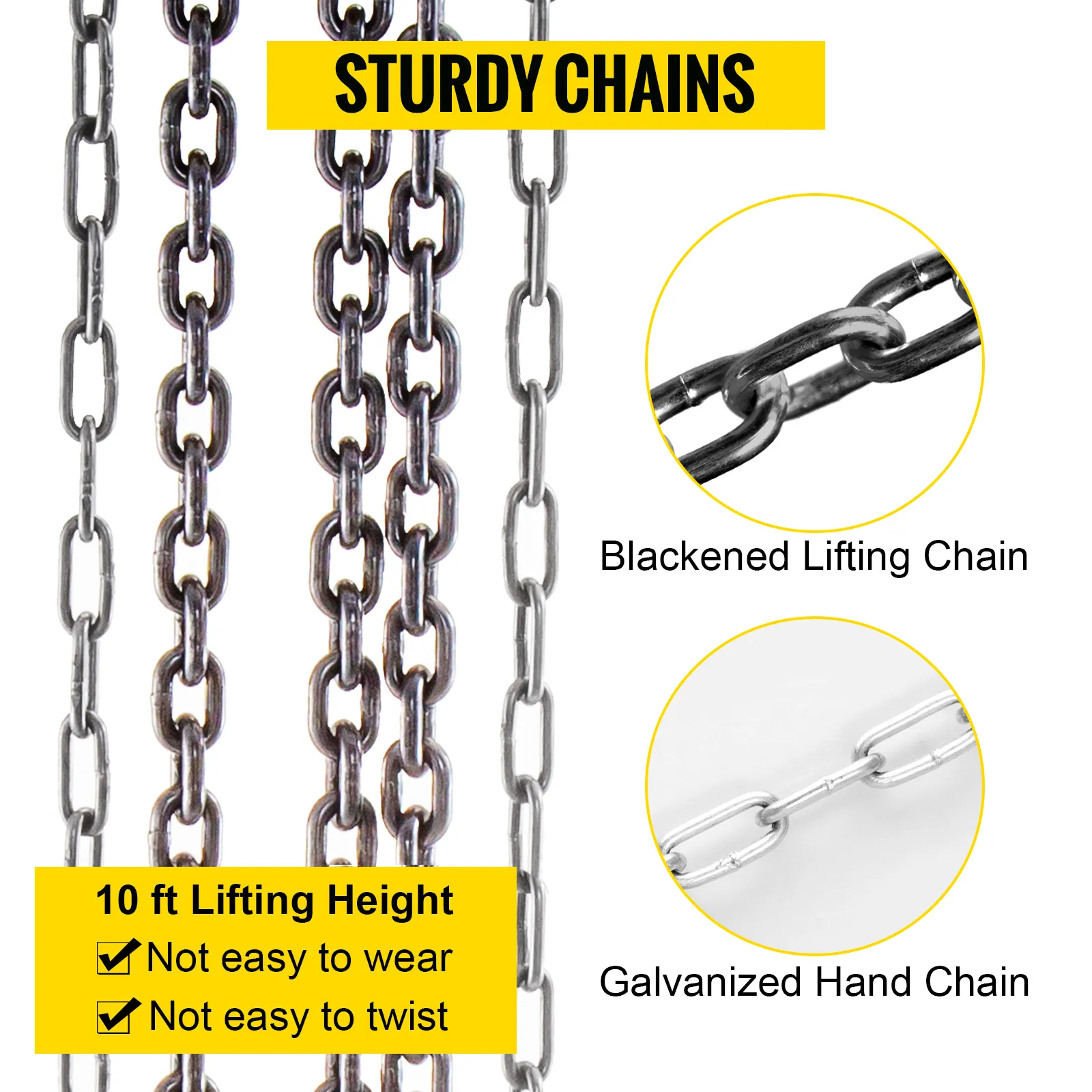 VEVOR chain hoist with blackened lifting chain and galvanized hand chain, 10 ft lifting height.