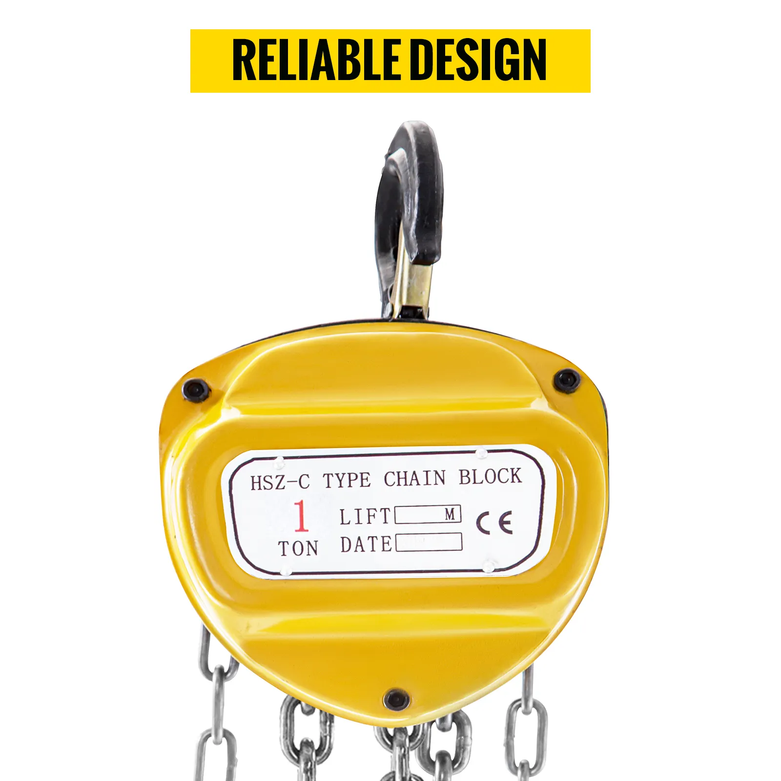 VEVOR chain hoist hsz-c type, 1-ton lift capacity, reliable design in yellow.