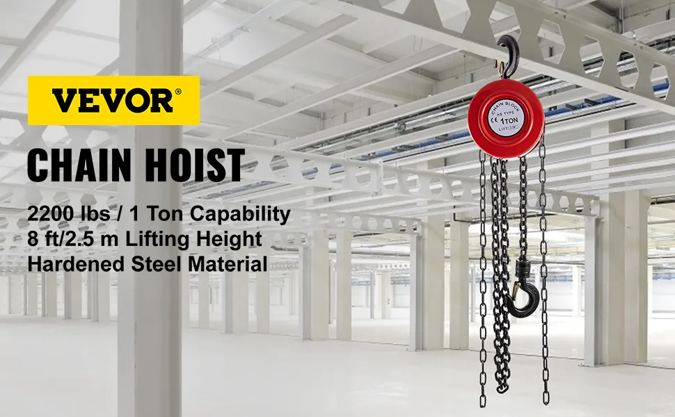 VEVOR hand chain hoist in a modern industrial setting with 1-ton capacity and 8 ft lift.