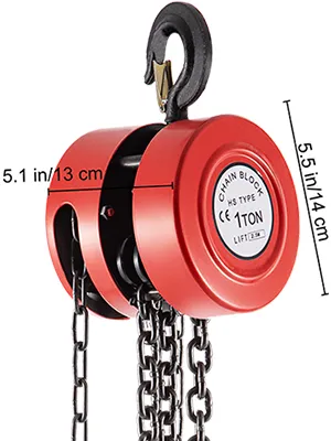 red VEVOR hand chain hoist, 1 ton capacity, dimensions listed, black hook.