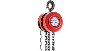 red VEVOR hand chain hoist with black hook and hanging chains.