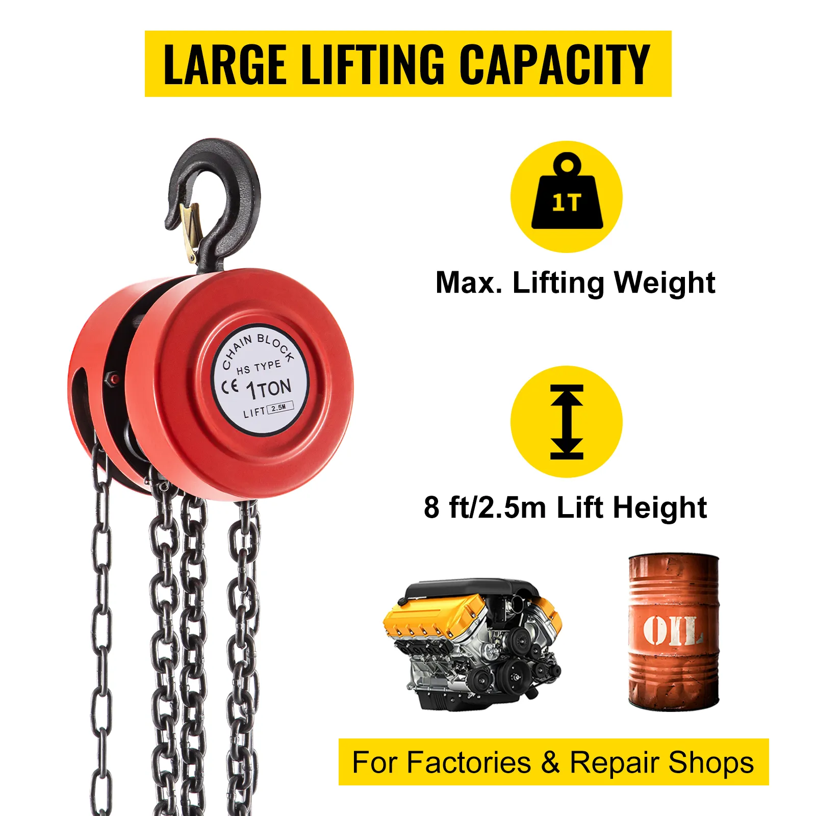 VEVOR hand chain hoist, 1-ton capacity, 8 ft lift height, ideal for factories and repair shops.