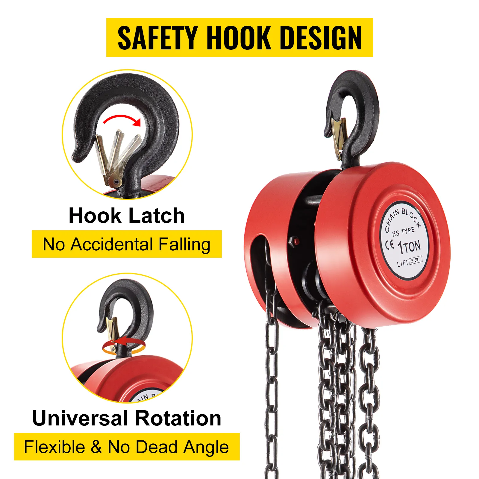 VEVOR hand chain hoist with safety hook design, hook latch, and universal rotation.