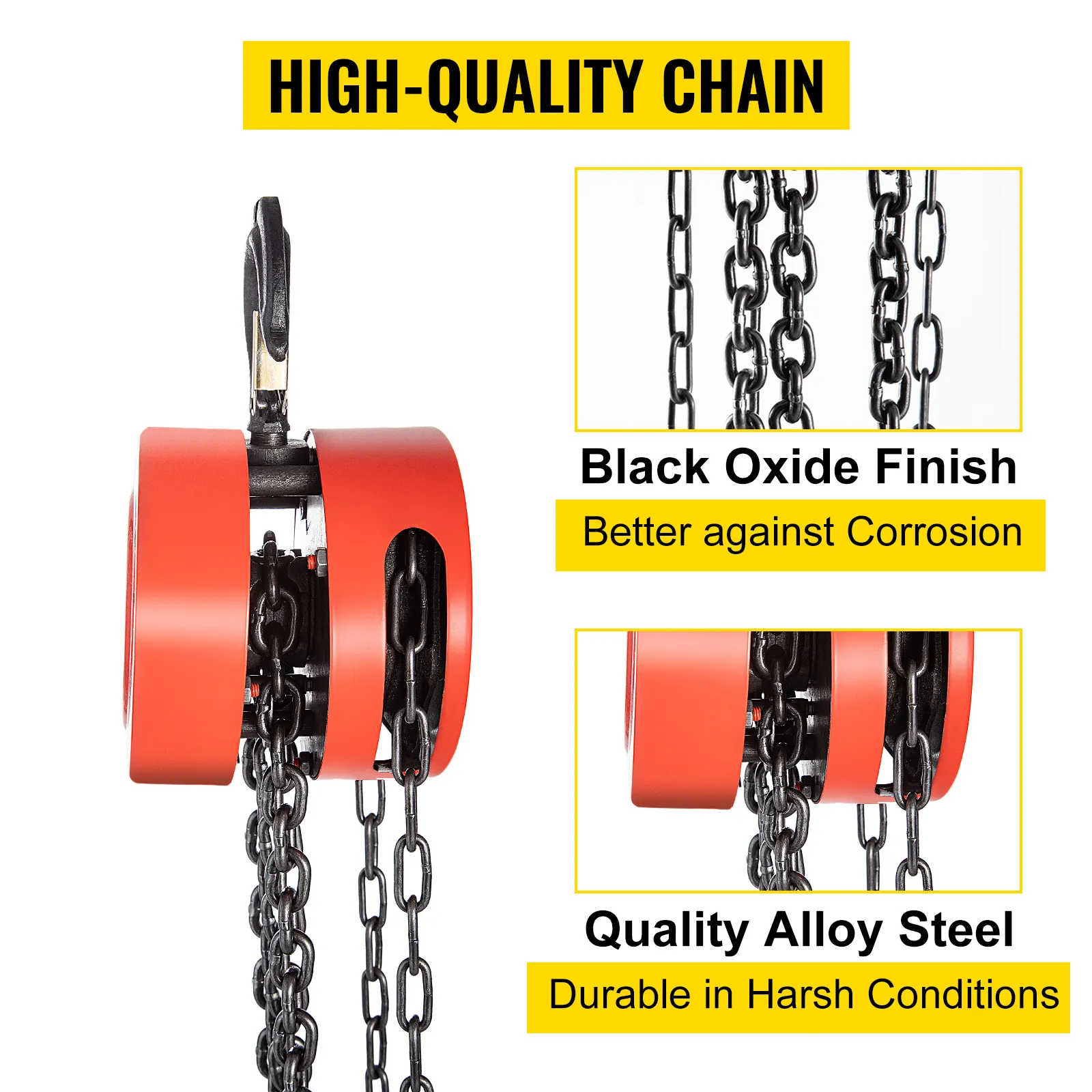 VEVOR hand chain hoist with black oxide finish and quality alloy steel chain.