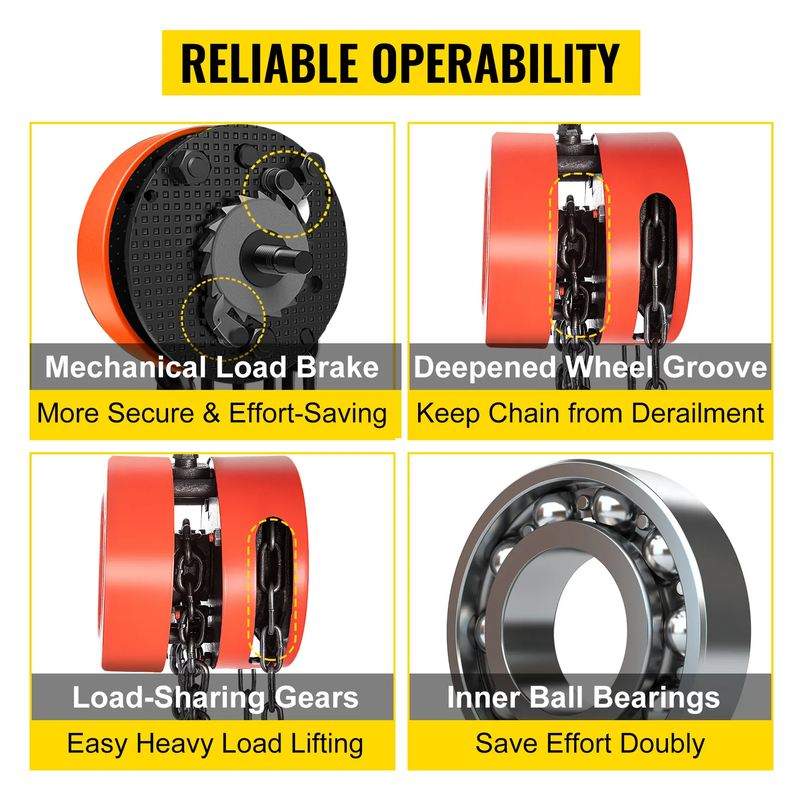VEVOR hand chain hoist features mechanical load brake, deepened wheel groove, load-sharing gears, and inner ball bearings.