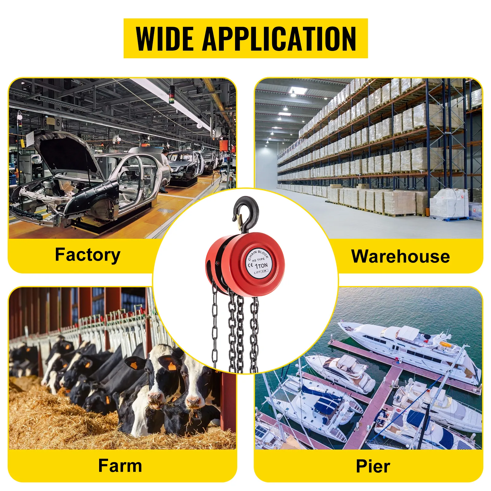 VEVOR hand chain hoist for factory, warehouse, farm, and pier use.