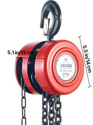 Polipasto de cadena manual VEVOR rojo, capacidad de 2,7 toneladas, dimensiones 5,1 pulgadas/13 cm, 5,5 pulgadas/14 cm.