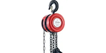 Polipasto de cadena manual VEVOR rojo y negro con cadena de acero y etiqueta de capacidad de carga.