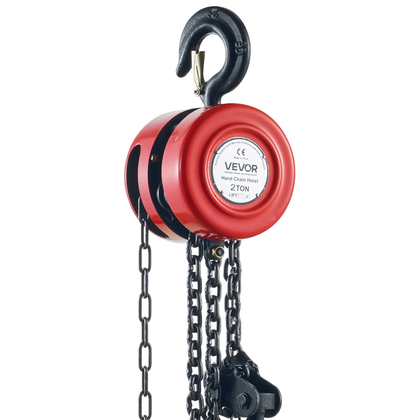 Polipasto de cadena manual VEVOR rojo de 2 toneladas con ganchos y cadenas negros para elevación pesada.