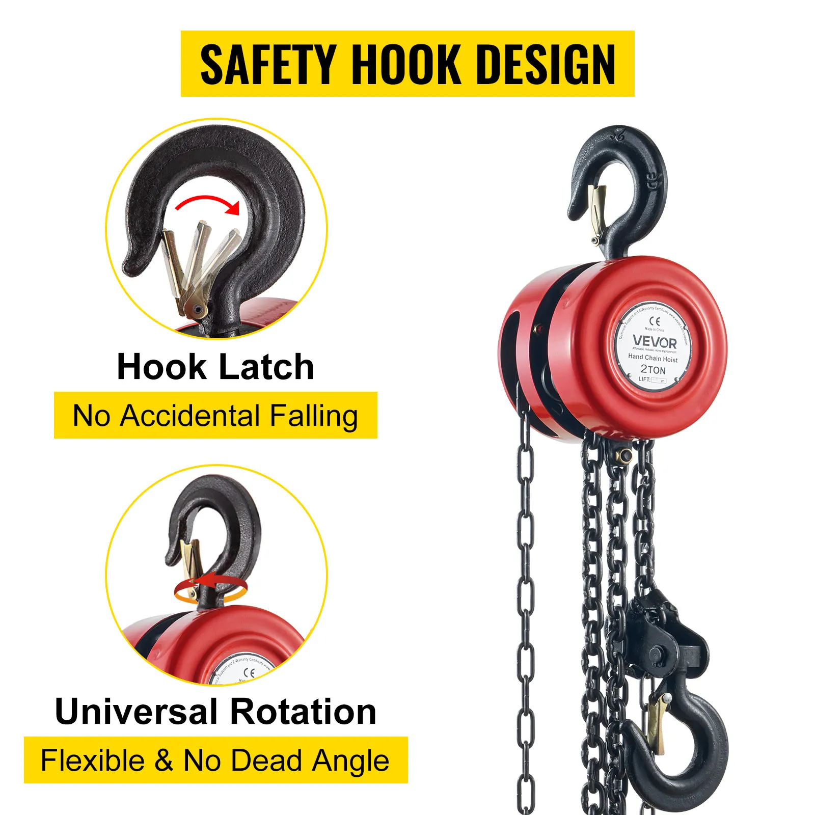 Polipasto de cadena manual VEVOR con diseño de gancho de seguridad, pestillo de gancho y rotación universal.
