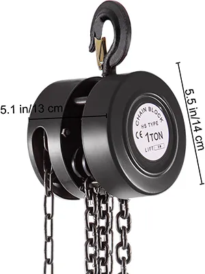 black VEVOR hand chain hoist, 1-ton lift capacity with dimensions labeled.