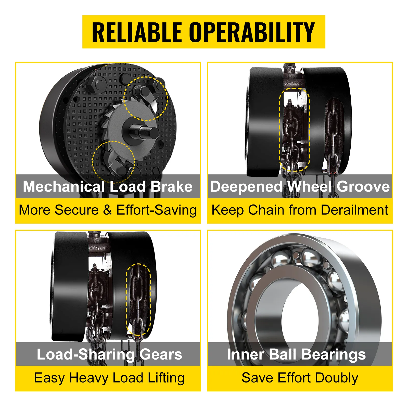 VEVOR hand chain hoist featuring mechanical load brake, deepened wheel groove, load-sharing gears, and inner ball bearings.