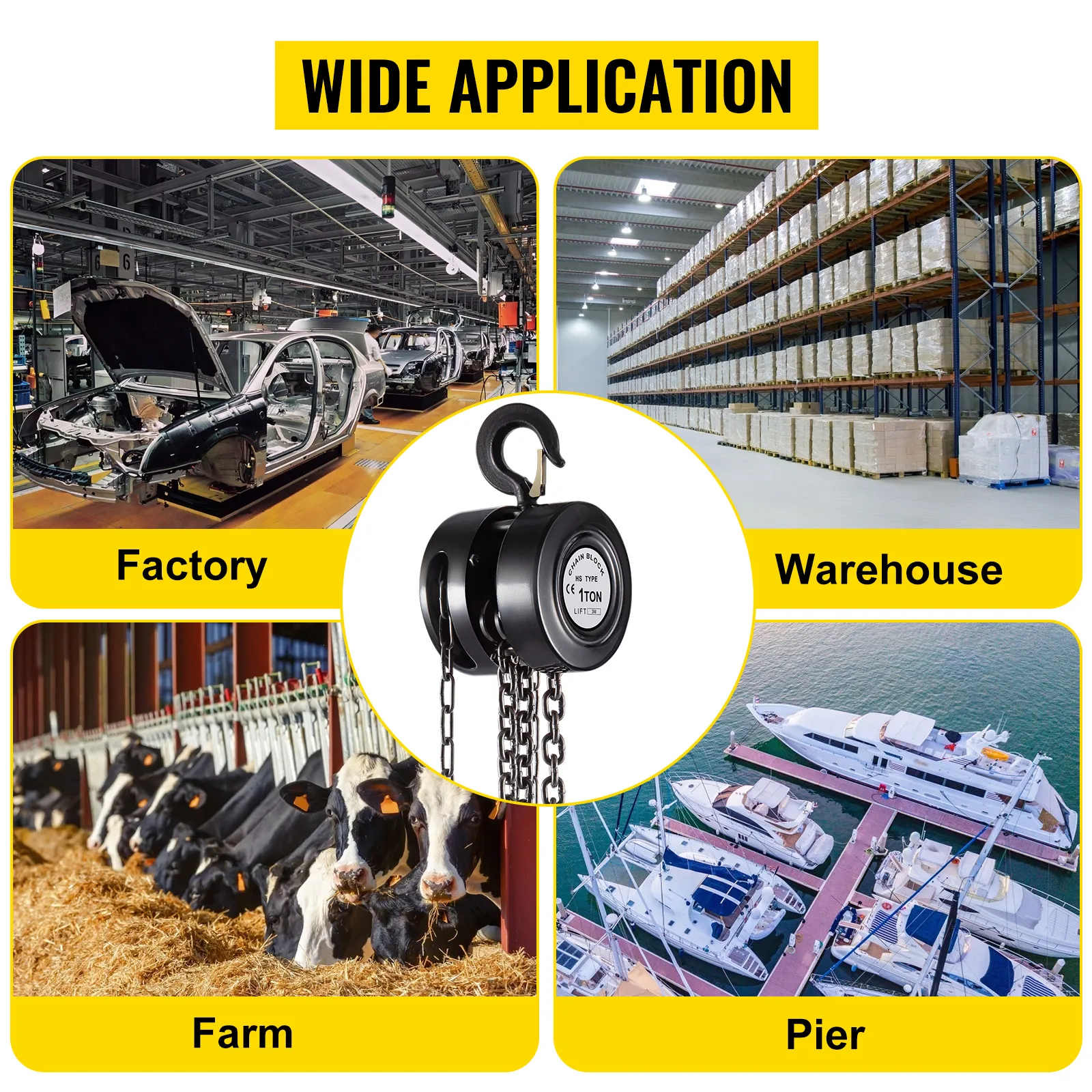 VEVOR hand chain hoist for factory, warehouse, farm, and pier applications.