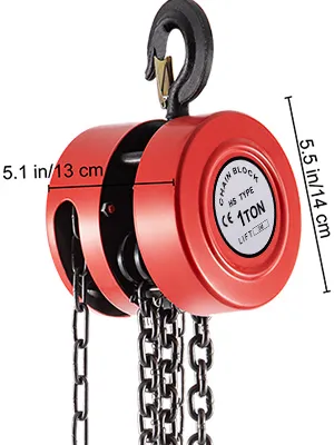 red VEVOR hand chain hoist, 1-ton capacity, dimensions shown for reference.