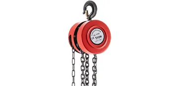 red VEVOR hand chain hoist with black hook and metal chains.