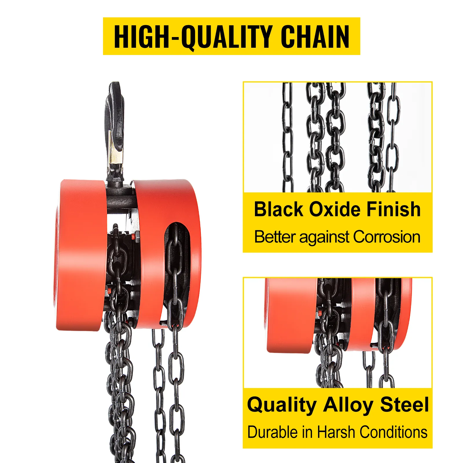 VEVOR hand chain hoist with high-quality chain, black oxide finish, and alloy steel.