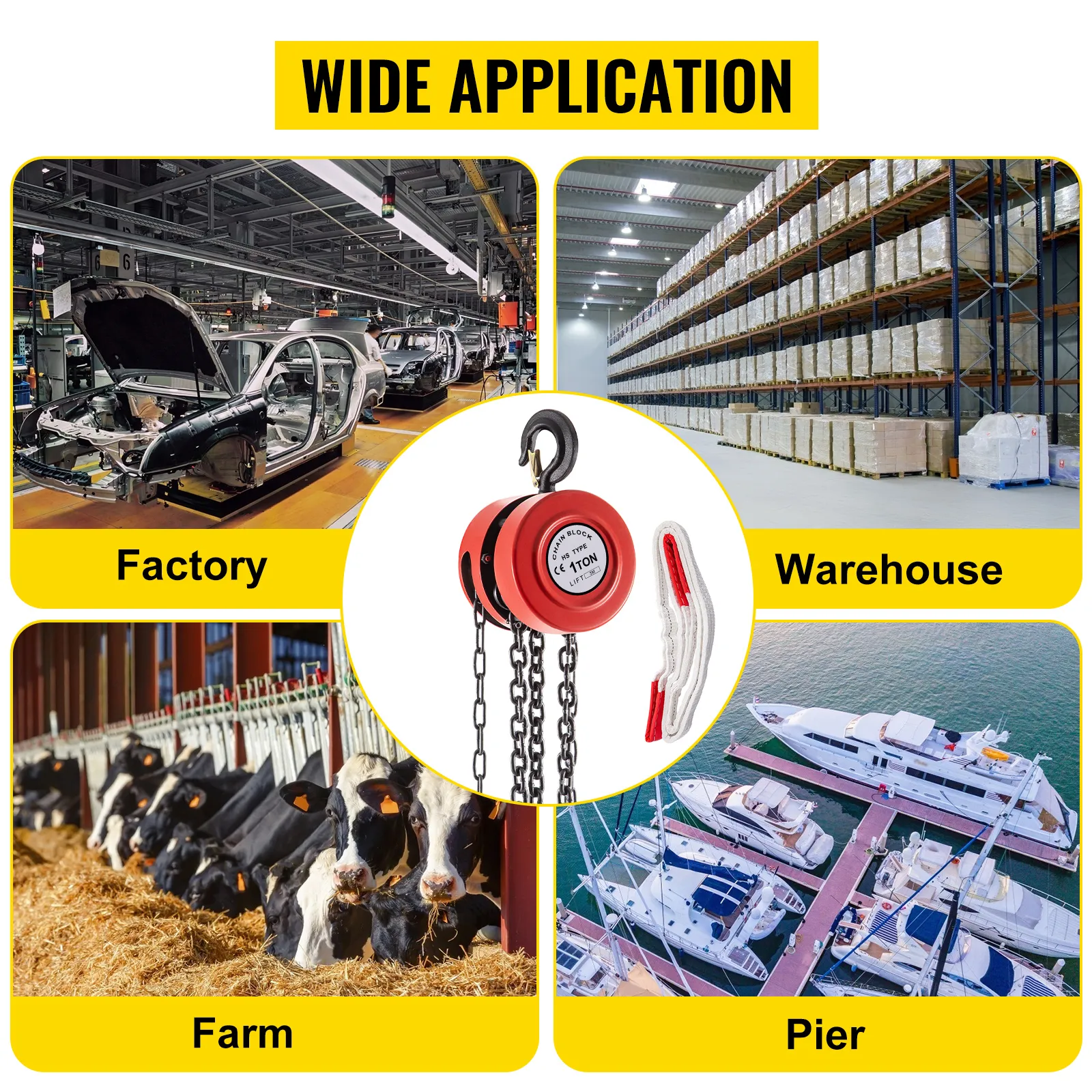 VEVOR hand chain hoist used in factory, warehouse, farm, and pier settings.