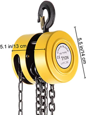 Polipasto de cadena manual VEVOR amarillo con capacidad de 1 tonelada y gancho negro. Medida: 5,5 x 5,1 pulgadas.