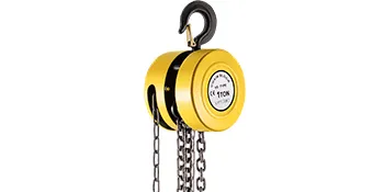 Polipasto de cadena manual VEVOR amarillo con gancho negro y cadenas resistentes.