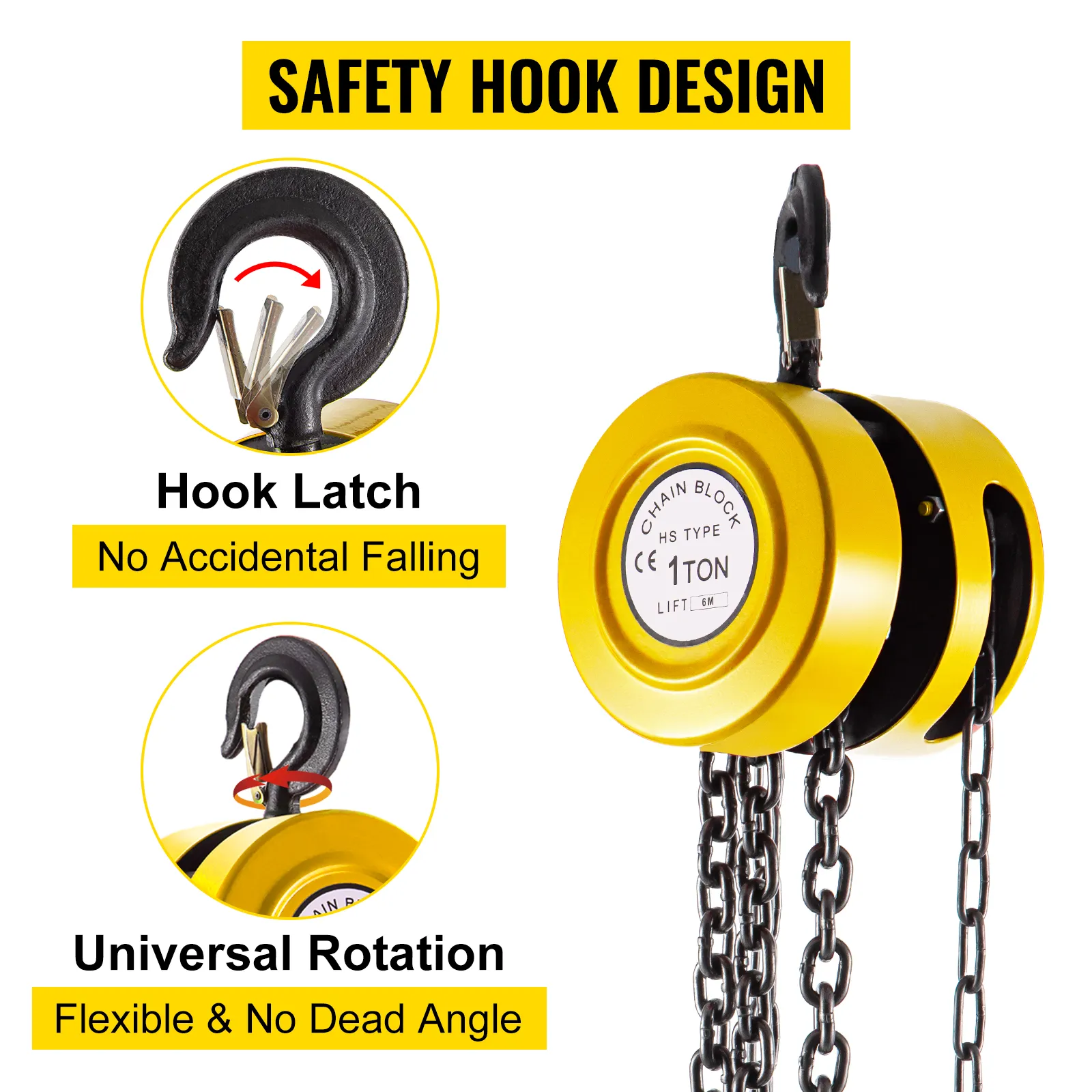 Polipasto de cadena manual VEVOR con diseño de gancho de seguridad, con pestillo de gancho y rotación universal.