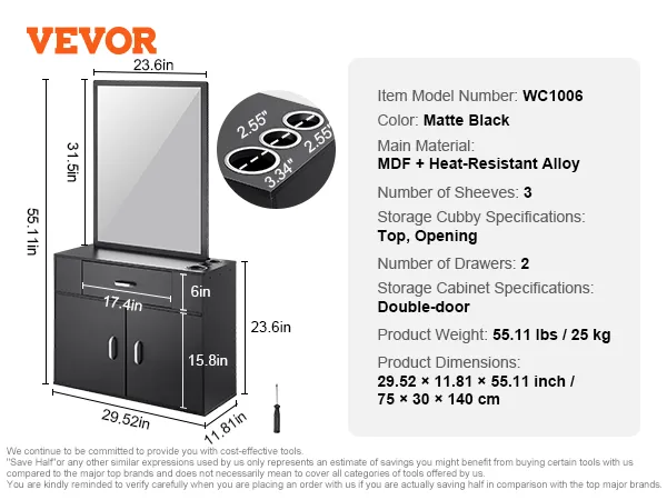 VEVOR salon organizer in matte black with mirror, shelves, drawers, and double-door cabinet.