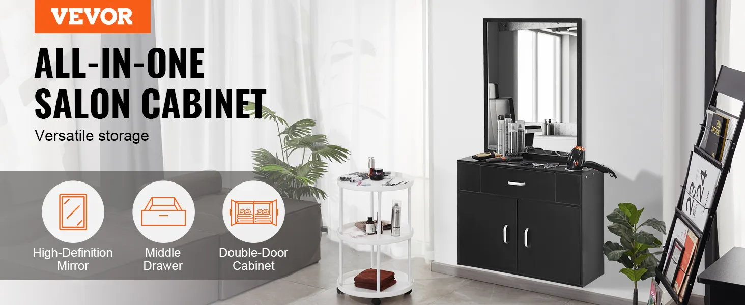 VEVOR salon organizer with mirror, middle drawer, double-door cabinet, versatile storage.