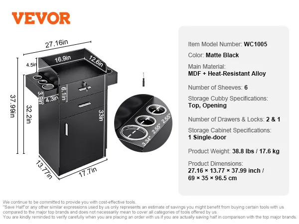 VEVOR salon organizer, model wc1005, matte black, mdf + alloy, 27.16" x 13.77" x 37.99".