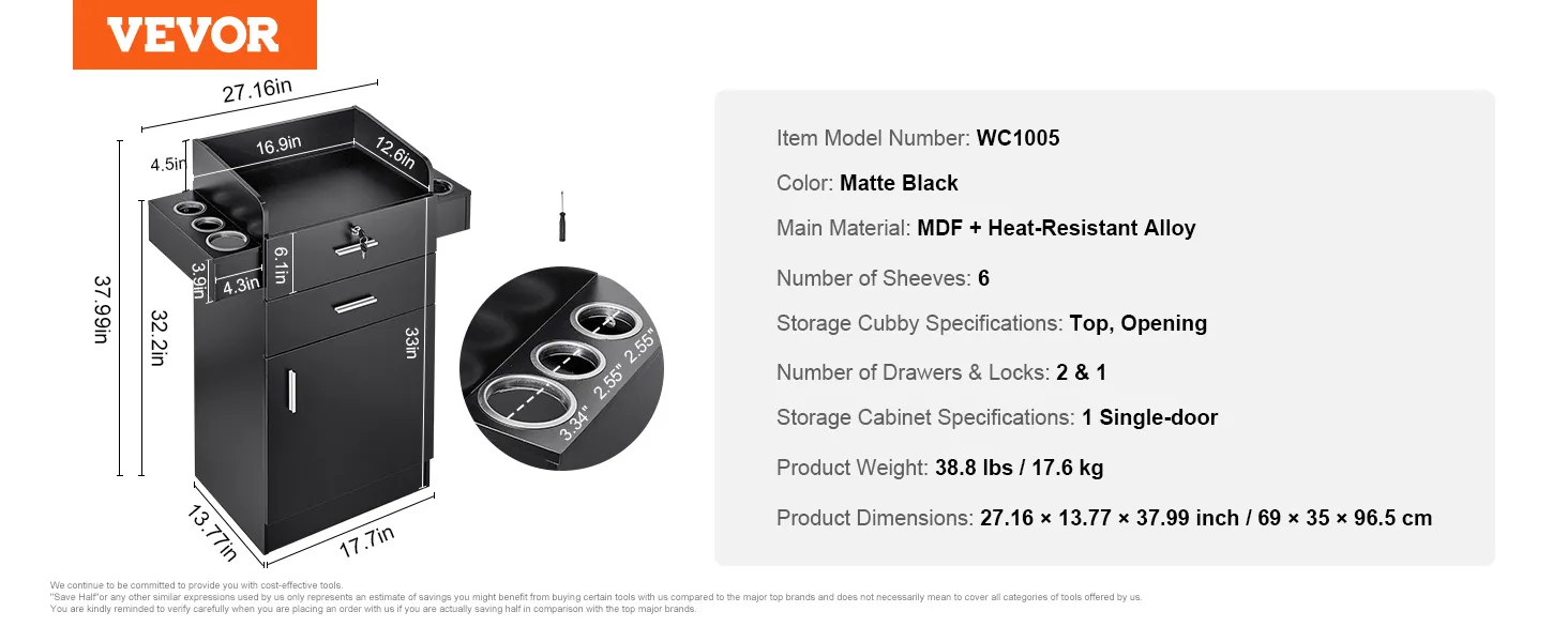 VEVOR salon organizer, model wc1005, matte black, mdf + alloy, 27.16" x 13.77" x 37.99".