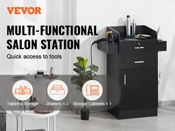 VEVOR salon organizer showcasing tabletop storage, drawers, and storage cabinets in a modern setup.