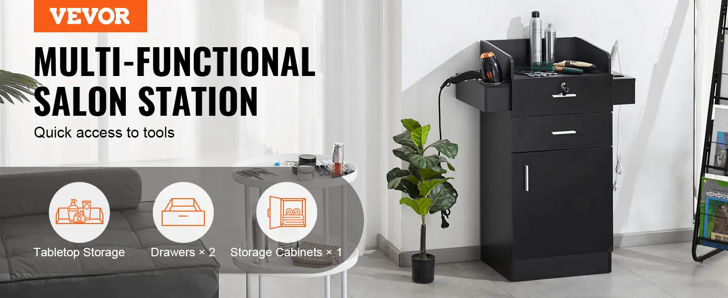 VEVOR salon organizer showcasing tabletop storage, drawers, and storage cabinets in a modern setup.