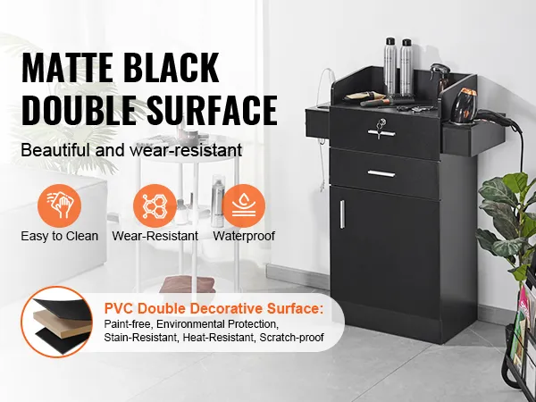 VEVOR salon organizer with matte black double surface, open shelf, and drawer cabinet, waterproof and easy to clean.