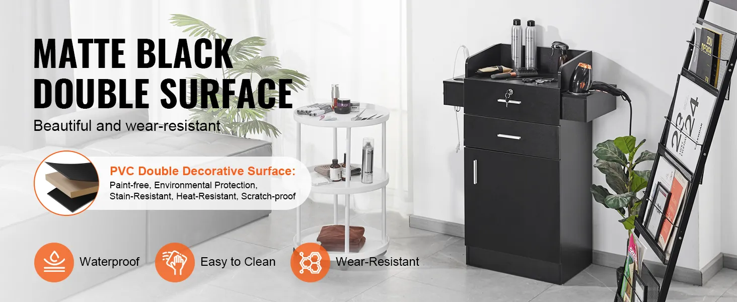 VEVOR salon organizer with matte black double surface, open shelf, and drawer cabinet, waterproof and easy to clean.