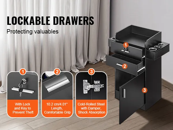 lockable drawers with key, 10.2 cm handle, and cold-rolled steel in a VEVOR salon organizer for security.