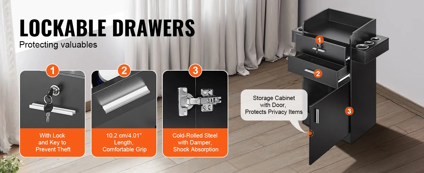 lockable drawers with key, 10.2 cm handle, and cold-rolled steel in a VEVOR salon organizer for security.