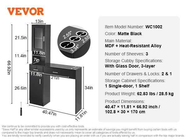 VEVOR salon workstation, matte black, mdf + heat-resistant alloy, 3 shelves, 2 drawers, glass door.