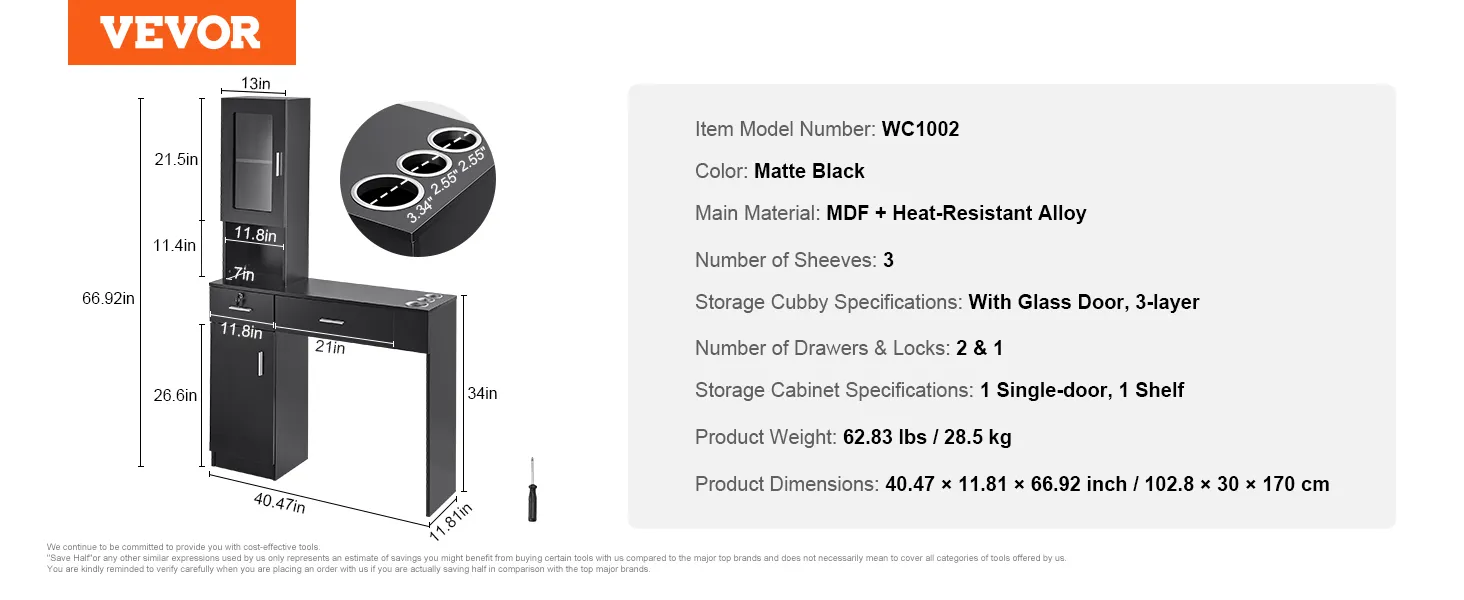 VEVOR salon workstation, matte black, mdf + heat-resistant alloy, 3 shelves, 2 drawers, glass door.
