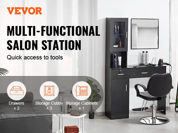 VEVOR salon workstation: multi-functional setup with drawers, storage cubbies, cabinets, and salon chair.