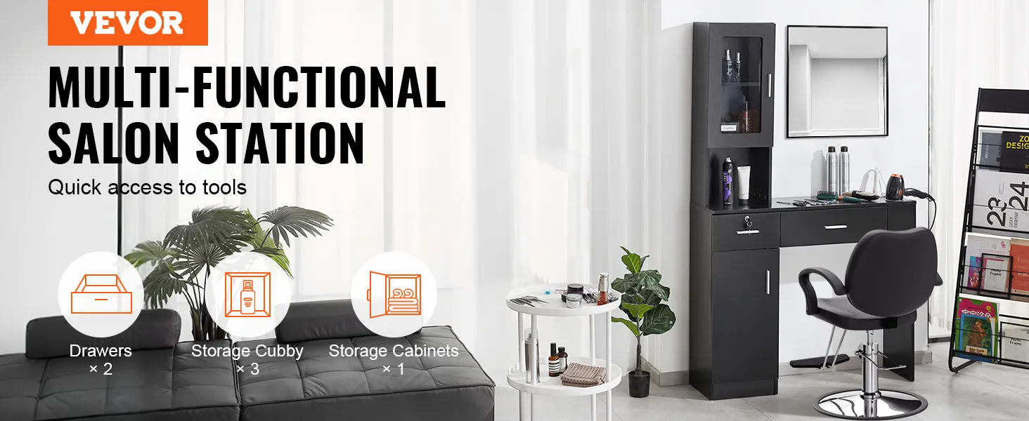 VEVOR salon workstation: multi-functional setup with drawers, storage cubbies, cabinets, and salon chair.