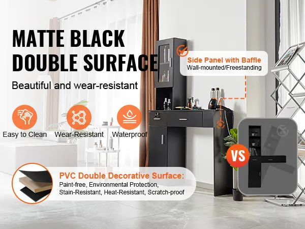 matte black double surface, VEVOR salon workstation, pvc decorative panel, waterproof, easy to clean, wear-resistant.