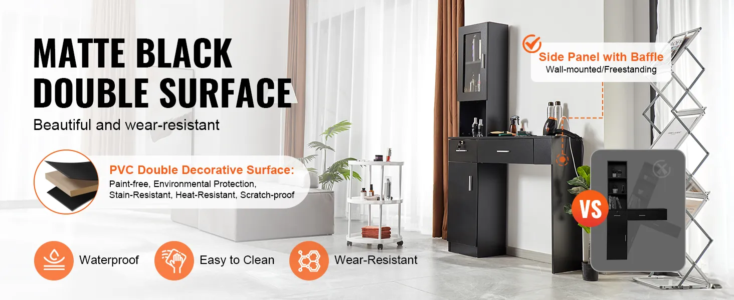 matte black double surface, VEVOR salon workstation, pvc decorative panel, waterproof, easy to clean, wear-resistant.