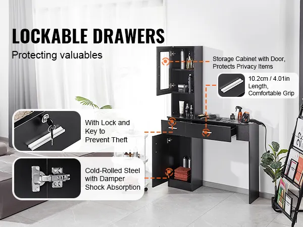 VEVOR salon workstation with lockable drawers, key, cold-rolled steel, storage cabinet, and ergonomic grip.