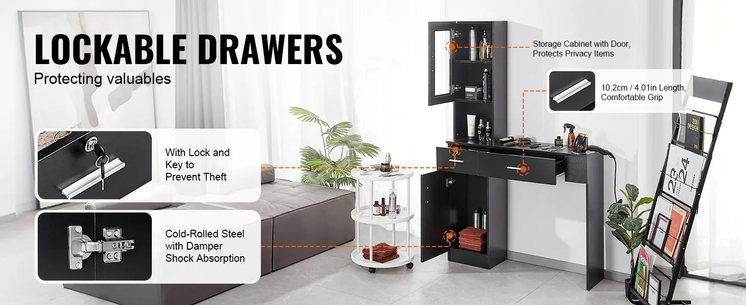 VEVOR salon workstation with lockable drawers, key, cold-rolled steel, storage cabinet, and ergonomic grip.