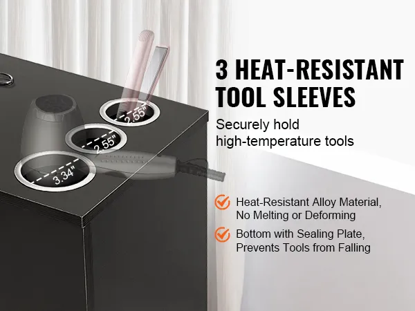VEVOR salon workstation with heat-resistant tool sleeves for safely holding high-temperature tools.