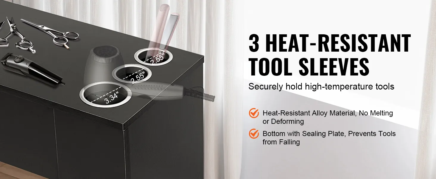 VEVOR salon workstation with heat-resistant tool sleeves for safely holding high-temperature tools.