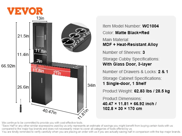 Afmetingen en kenmerken van het VEVOR salonwerkstation, matzwart + rood, glazen deur, 3 legplanken, 2 sloten.