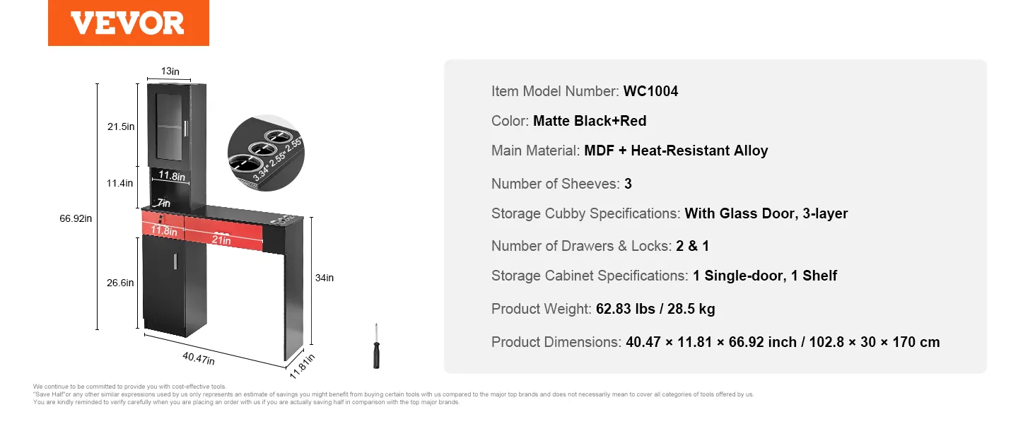 Afmetingen en kenmerken van het VEVOR salonwerkstation, matzwart + rood, glazen deur, 3 legplanken, 2 sloten.