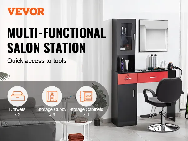 VEVOR salonwerkplek met lades, opbergvakken en kasten, aangevuld met salonstoel en decoratie.