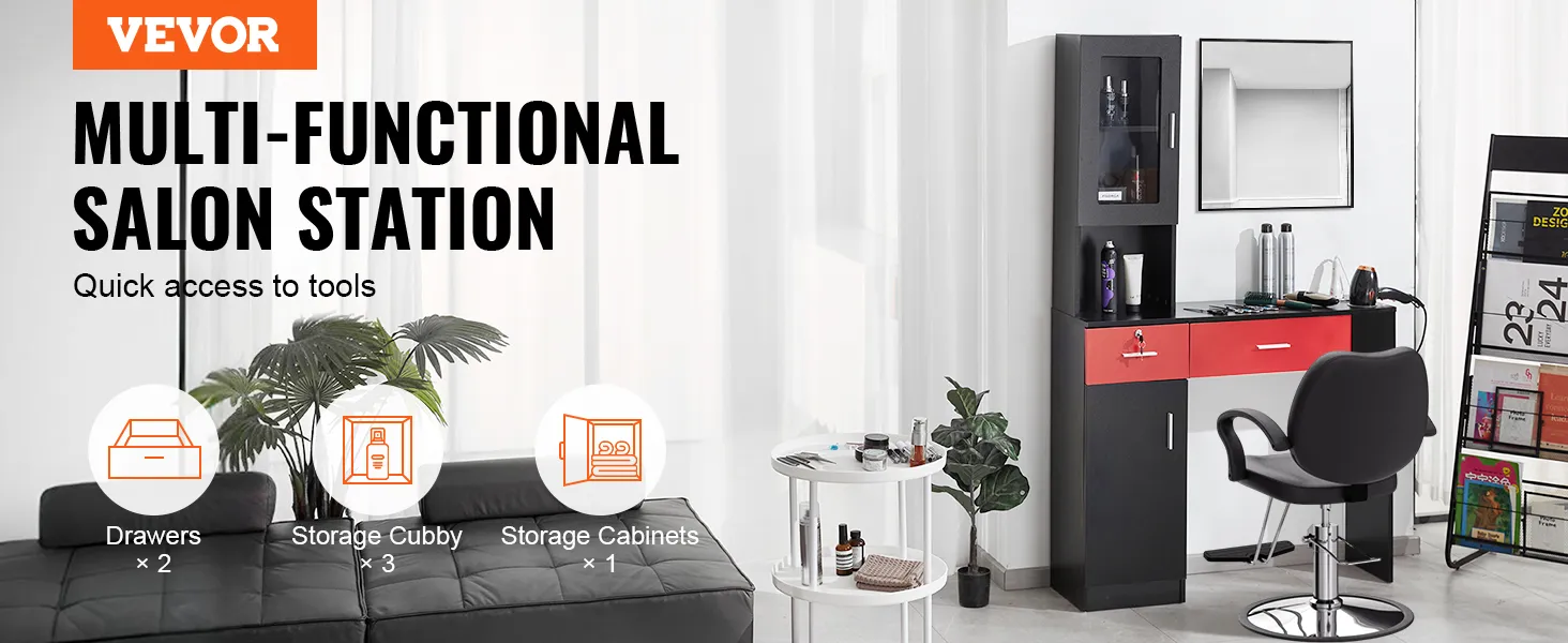 VEVOR salonwerkplek met lades, opbergvakken en kasten, aangevuld met salonstoel en decoratie.